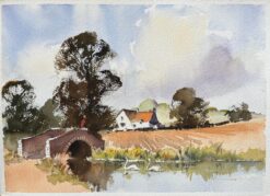 British Watercolor of a Rustic Bridge with Swans on a Calm River