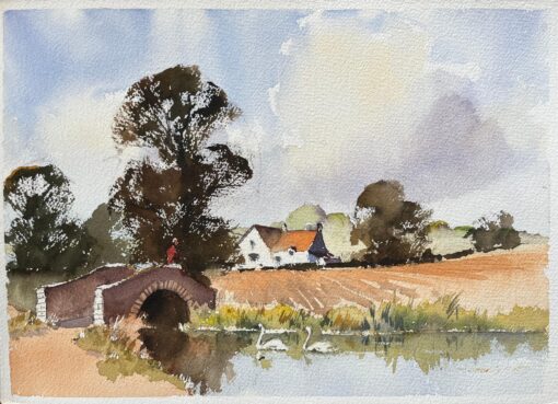 British Watercolor of a Rustic Bridge with Swans on a Calm River