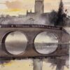 British 20thC Impressionist Watercolor Misty English River Bridge Church Spire