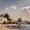British Impressionist Watercolor White Coastal House Overlooking The Sea