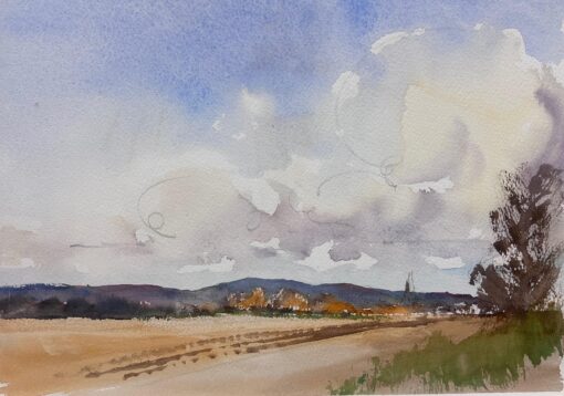 British Original Impressionist Watercolor Rural Farm Fields Fluffy Clouds