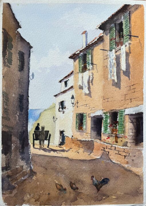 British Watercolor of a Sunlit Village Scene with Horse and Cart and Chickens