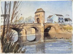 British Watercolor of an Arched Stone Bridge Over a River