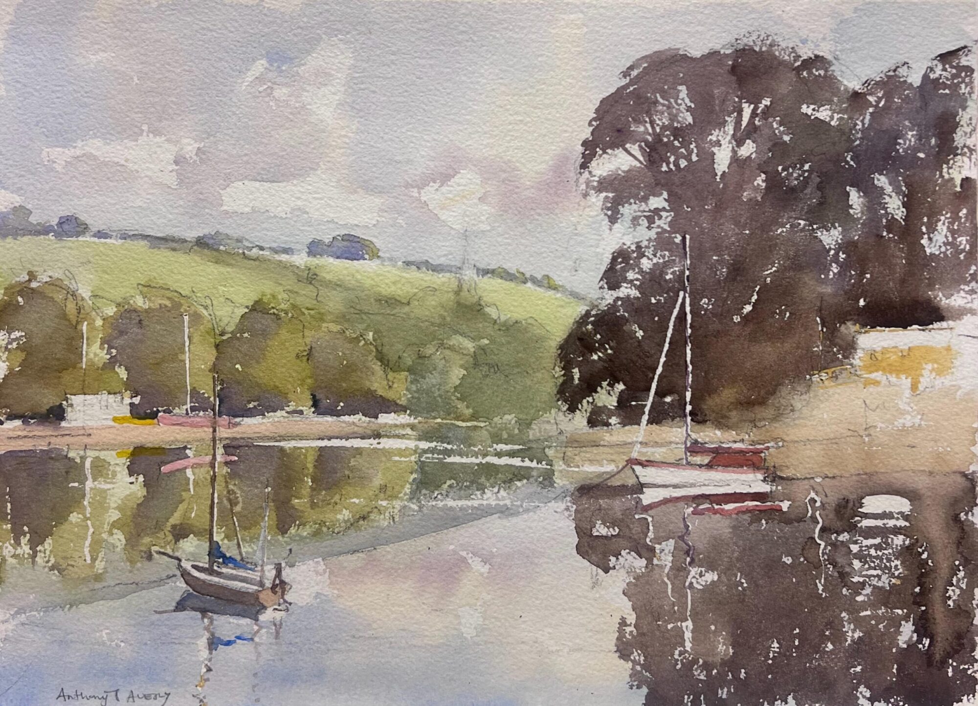 British Original Impressionist Watercolor Sailing Boats River Estuary Landscape