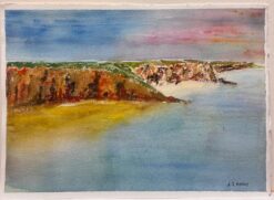 British Original Impressionist Watercolor Coastal Landscape with Sea & Cliffs