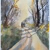 British Watercolor Landscape with Two Figures on a Country Path at Sunrise