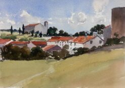 British Original Impressionist Watercolor Tuscan Landscape Old Houses & Trees