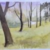 British Watercolor Woodland Landscape with Bare Trees and Sunlit Clearing