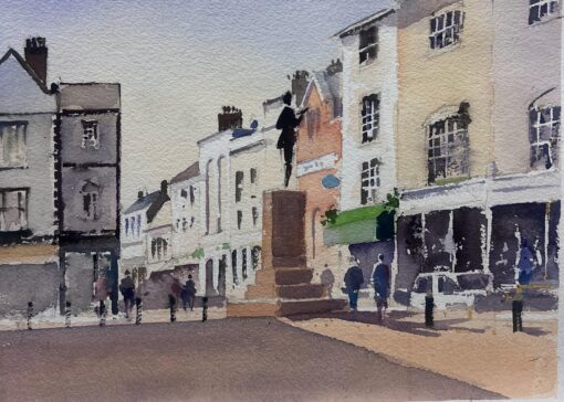 British Original Impressionist Watercolor English Town Market Place Square