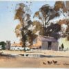 British Watercolor Rural Farm Scene with Barn, Church, and Fowl