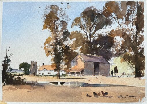 British Watercolor Rural Farm Scene with Barn, Church, and Fowl
