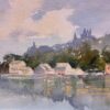 British Original Impressionist Watercolor European Lake Landscape with Houses