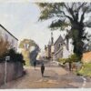 British Watercolor Village Street with Church and Figures