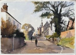 British Watercolor Village Street with Church and Figures