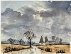 British Watercolor Landscape with Oast Houses and Moody Sky