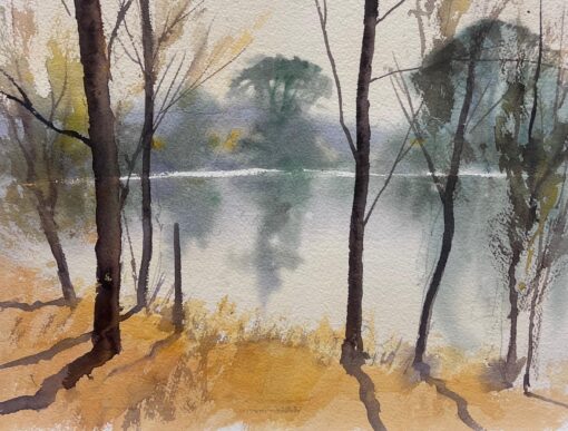 British Original Impressionist Watercolor Atmospheric Misty Lake Woodland View