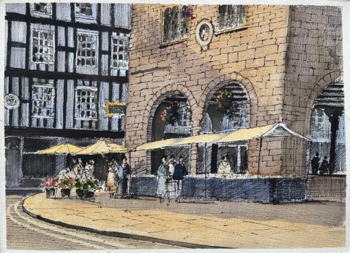 British Watercolor Market Scene with Historic Building Facade