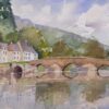 British Original Impressionist Watercolor River with Old Stone Bridge Landscape