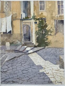 British Watercolor of a Stone Courtyard and Rustic Spanish Doorway