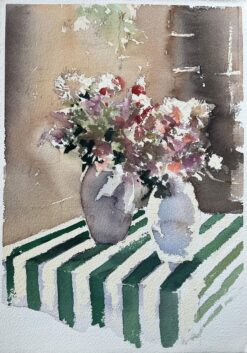 British Watercolor of Floral Arrangement on Green-Striped Table