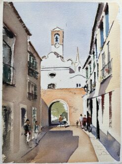 British Watercolor of Spanish Village Scene with Church and Archway