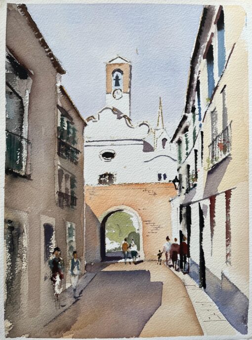 British Watercolor of Spanish Village Scene with Church and Archway