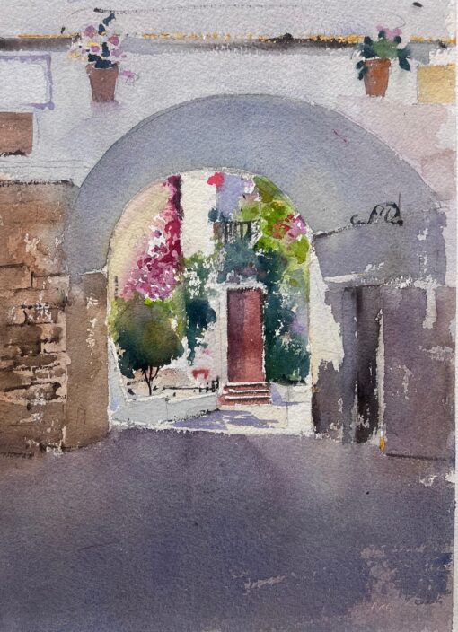 British Original Impressionist Watercolor Old European Village Street Archway