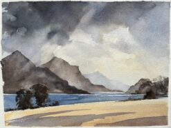 British Watercolor of Mountain Lake Under Dramatic Skies