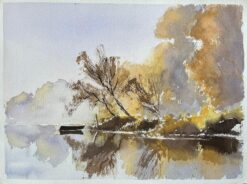British Watercolor ofAutumnal Reflections on a Still Lake with a Boat