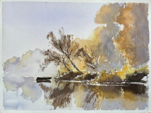 British Watercolor ofAutumnal Reflections on a Still Lake with a Boat