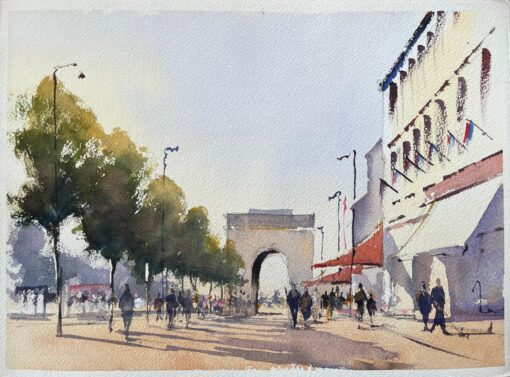 British Watercolor of Figures Walking Down Boulevard Near Arc de Triomphe, Paris