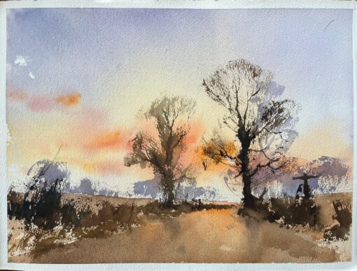 British Watercolor of Country Road at Sunset
