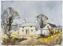 British Watercolor of a White Country Cottage with Autumnal Trees