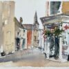 British Watercolor of a Clock Tower and Village Street Scene with Figures