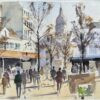 British Watercolor of a Bustling Montmartre Street Scene with Sacré-Cœur