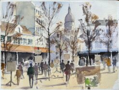 British Watercolor of a Bustling Montmartre Street Scene with Sacré-Cœur