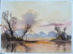 British Watercolor of a Serene Riverside Landscape at Dusk with Boat