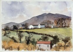 British Watercolor of Rural Countryside with Farmhouses