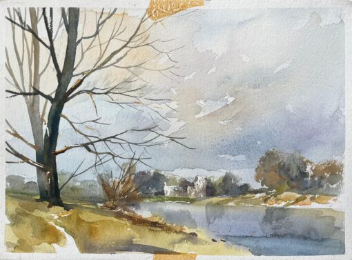 British Watercolor of Riverside Scene with Distant Church