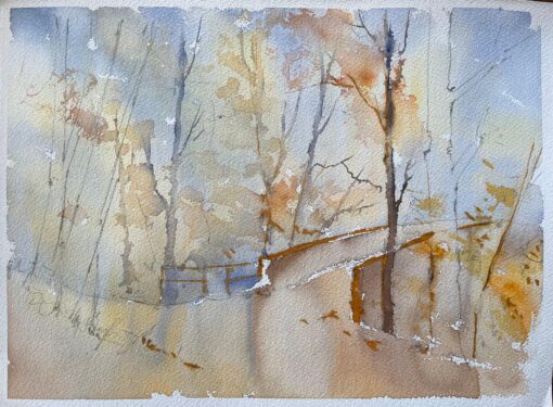 British Watercolor of a Woodland Path Leading to a Bridge in Autumn