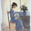 British Watercolor of a Woman Sewing by a Sunlit Window