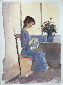 British Watercolor of a Woman Sewing by a Sunlit Window