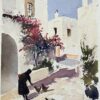 British Impressionist Watercolor of Courtyard with Woman and Chickens