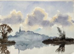 British Impressionist Watercolor of a Riverside Landscape with Distant Spire