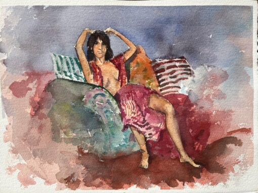 British Impressionist Watercolor of Reclining Figure in Vibrant Interior