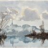 British Impressionist Watercolor of a Misty Riverside with Church Spire