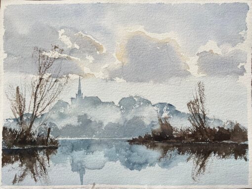 British Impressionist Watercolor of a Misty Riverside with Church Spire