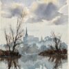 British Impressionist Watercolor of Misty Riverside with Church Reflection