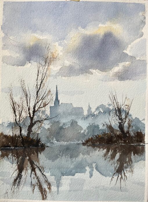 British Impressionist Watercolor of Misty Riverside with Church Reflection