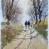 British Impressionist Watercolor of Woodland Walk with Figures and Dog
